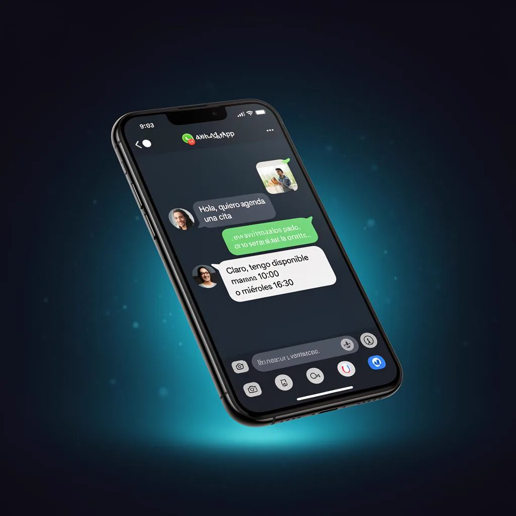 Smartphone mostrando una conversación de WhatsApp con un chatbot de IA atendiendo a un cliente